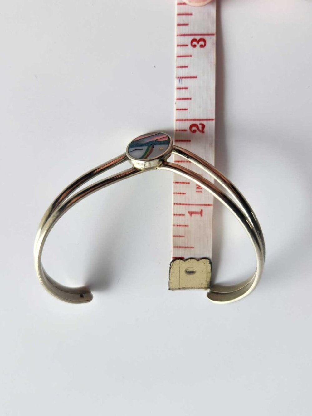 Vintage mosaic landscape inlay silver bracelet from Mexico - Picture 12 of 13